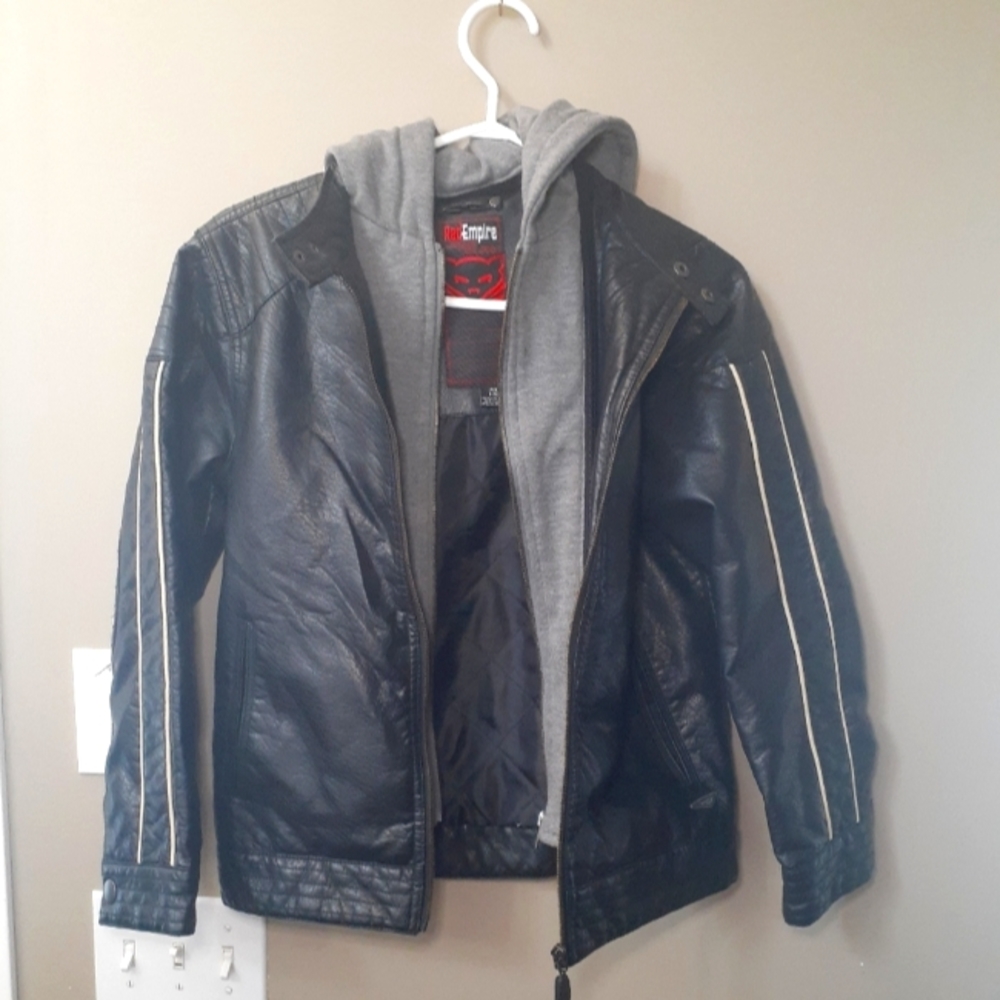 Leather jacket with removable hood